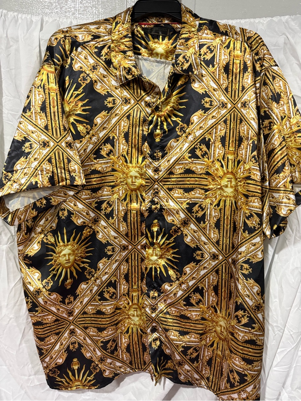 Men’s button down top black with gold sun burst